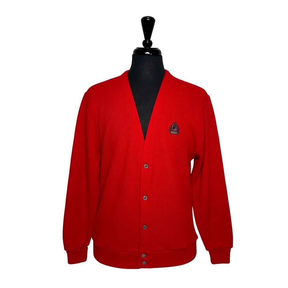 Izod Vintage Red Cardigan Sweater Embroidered Crest Logo Mens XL RN 21008